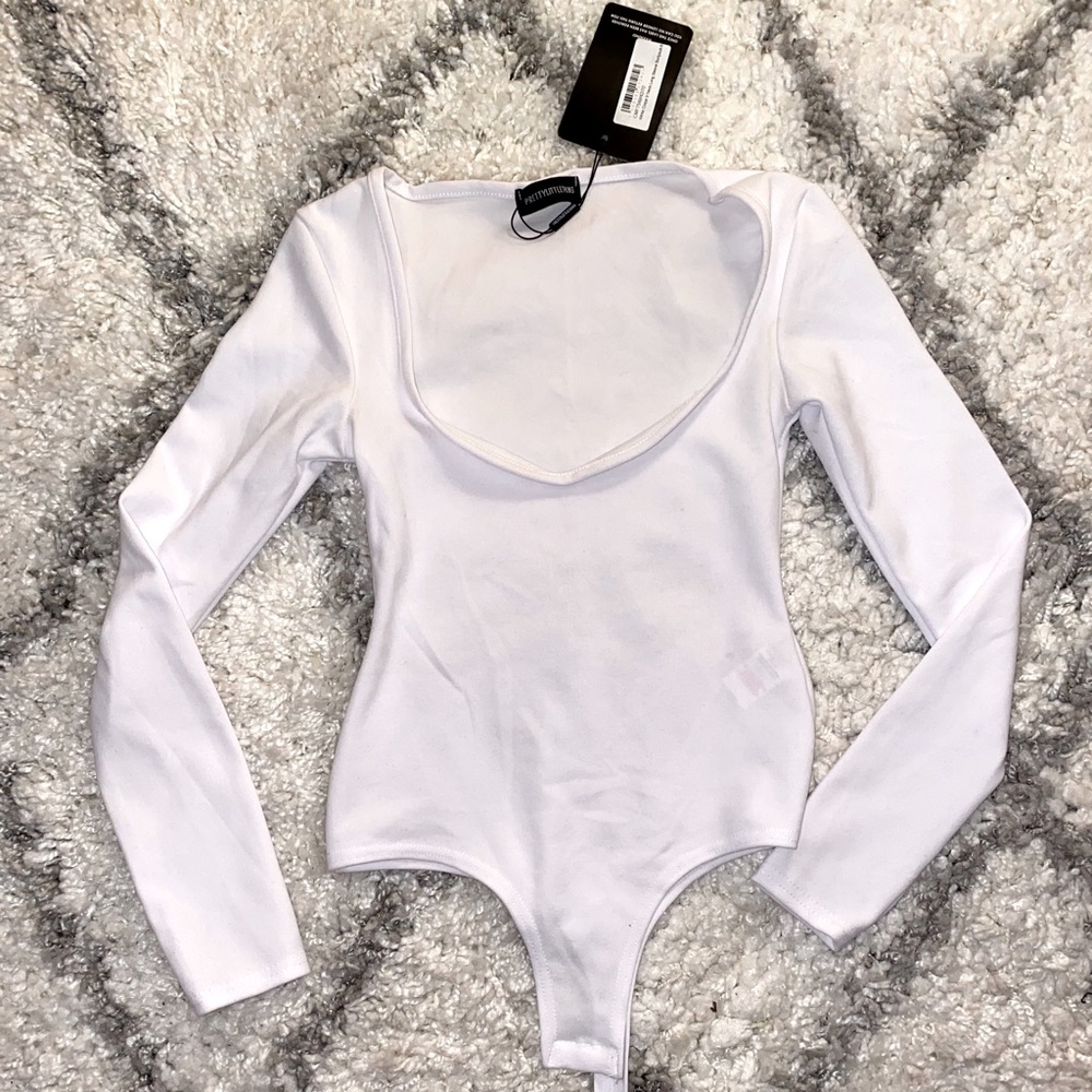 White Crepe V Neck Long Sleeve Bodysuit